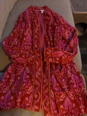 Isaac Mizrahi Red and Pink Patterned Open-Front Knit Cardigan